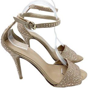 Zara Basic Crystal Rhinestone Embellished‎ Ankle Strap Heels Women 8.5 Tan Cream